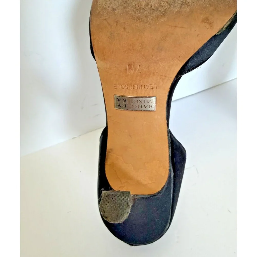 BADGLEY MISCHKA BLACK SATIN D’ORSAY OPEN TOE RHINESTONE EMBELLISHED HEELS SZ 7M